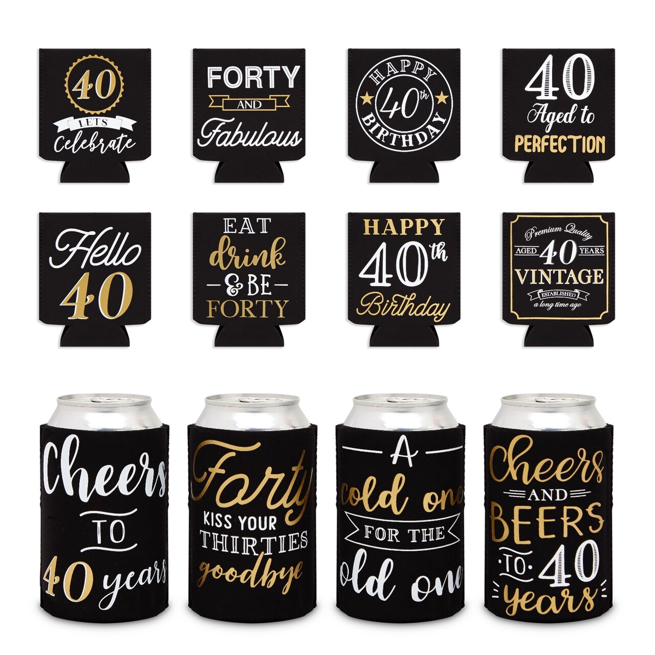 12-Pack Can Cooler Sleeves, 12 Assorted Designs Insulated Neoprene Holder Party Supplies - 40th Birthday